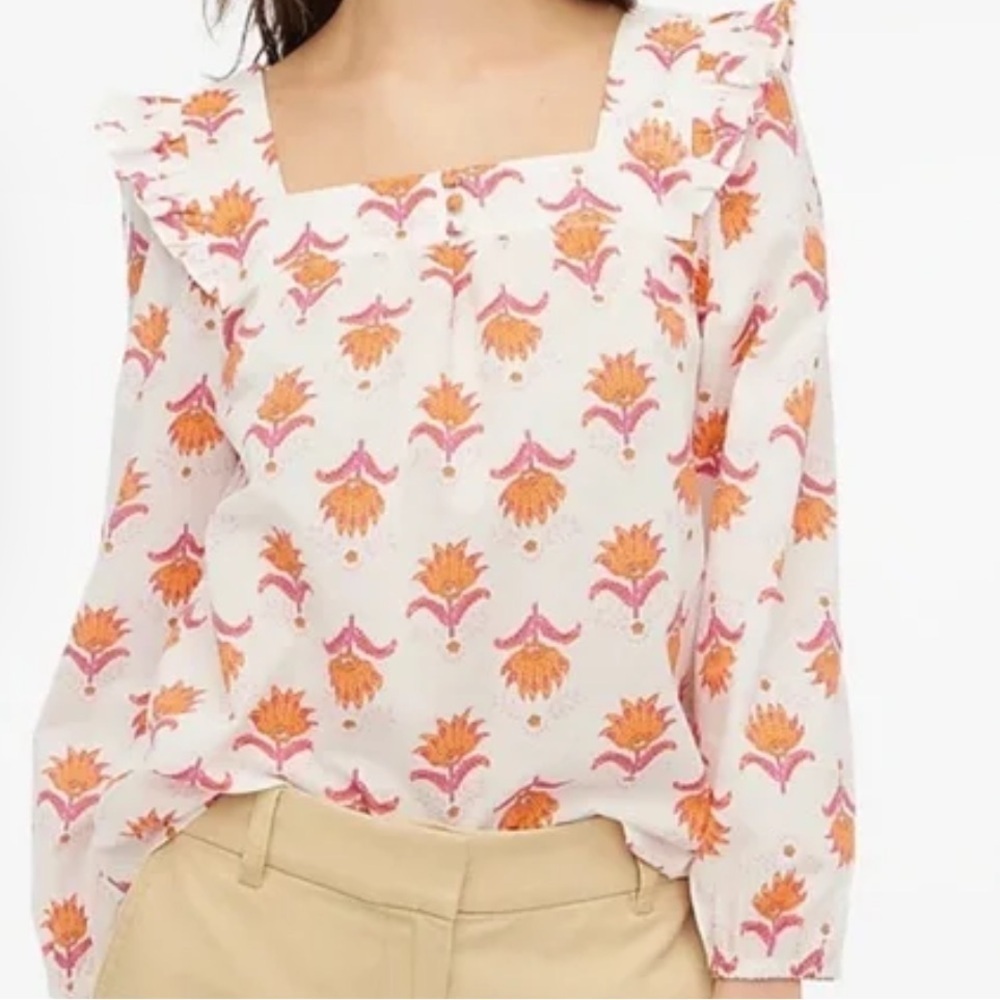 NWT J. Crew Orange Ruffled 3/4 Sleeve Blouse Large